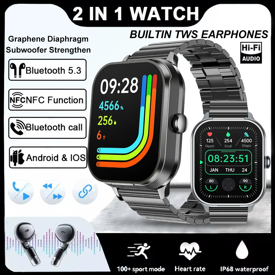 

Смарт-часы D8 Pro TWS Наушники 2-в-1 Bluetooth-вызов NFC Мониторинг сердечного ритма и артериального давления Наушники Воспроизведение музыки