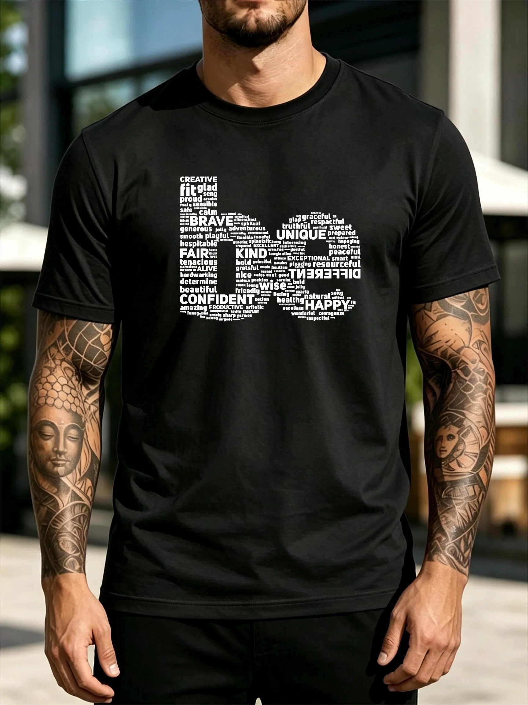Men's Short-Sleeved T-Shirt in Black and White with Inspirational Word Patchwork, Be Letter Text Cloud Print, Loose Fit, Plus Size, Confidence and Positive Energy, Youth Commuter Summer Casual Round Neck Top