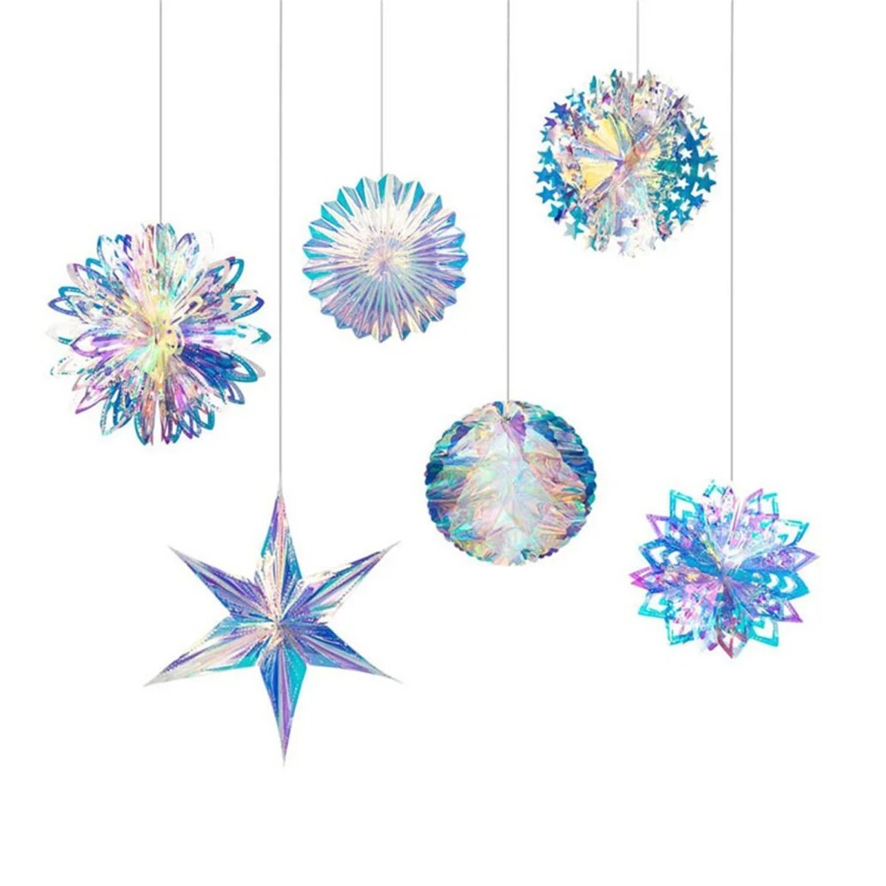 Iridescent Party Hanging Ornament Christmas Tree Hexagonal Star Snowflake Snow Ball Decorative for Birthday Wedding Christmas