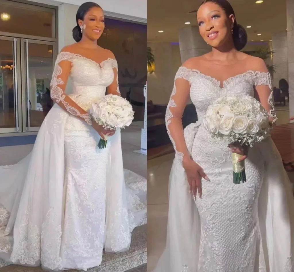 Robe De mariée sirène De luxe, avec traîne détachable, col d'illusion, manches longues, en dentelle, arabe