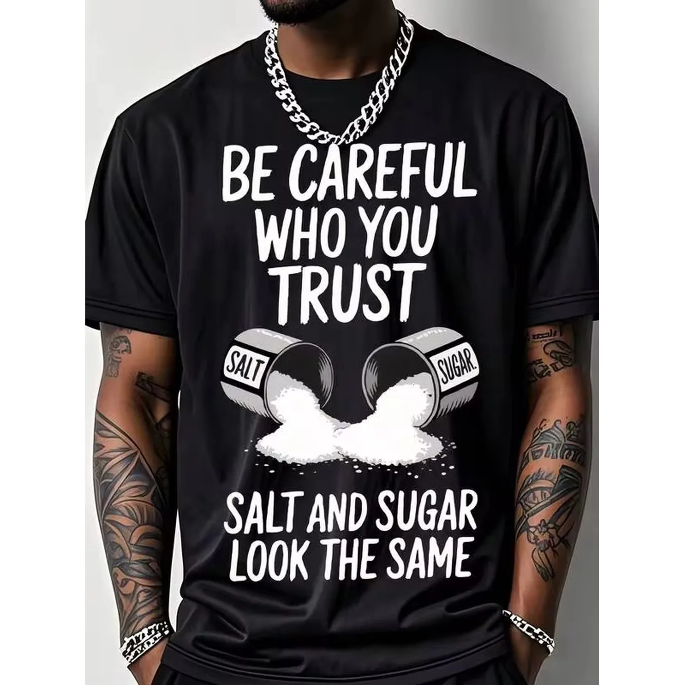 Men's Black Salt Sugar Motivational Print Cotton Tee, Crew Neck Medium Stretch Regular Fit Short Sleeve Casual Top For Boys & Men