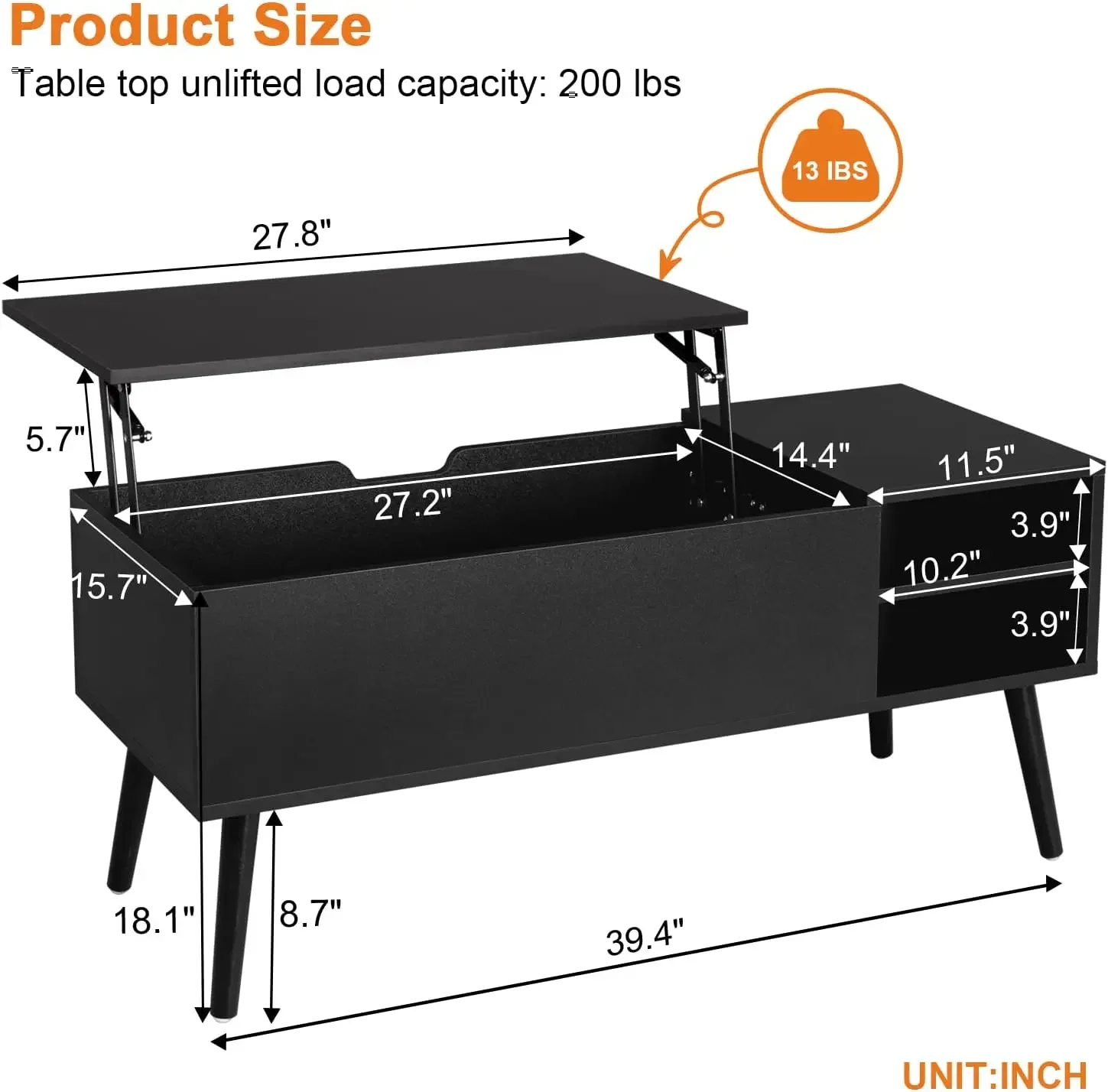 Mesa de centro com tampo elevatório - Mesa de centro preta com tampo elevatório e compartimento oculto para armazenamento - Mesa de centro retangular de madeira - Levantada