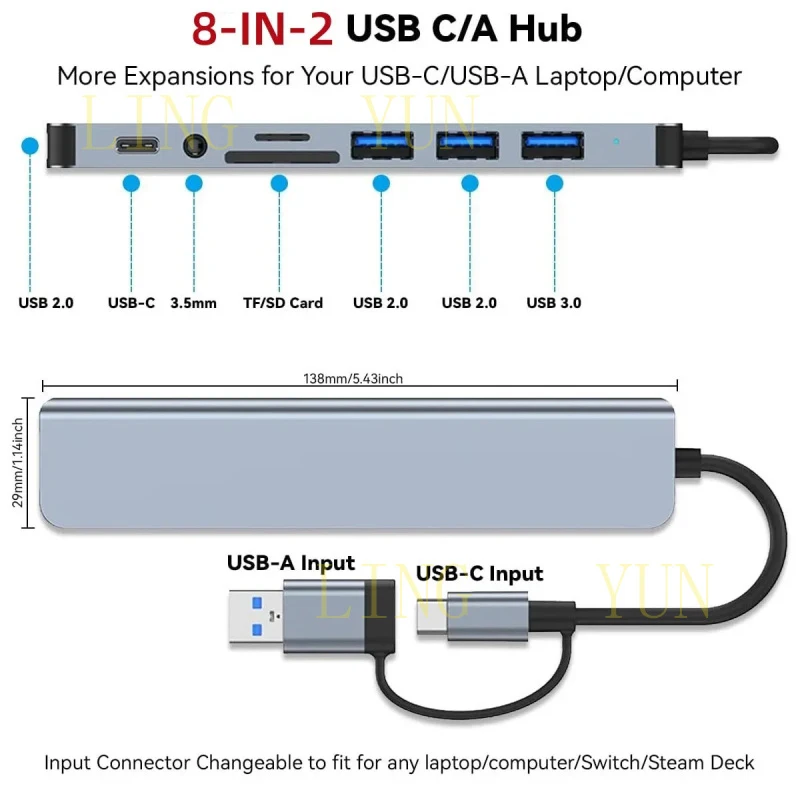 Z  USB C Hub USB Hub, 8 in 2 USB Splitter with 1*USB 3.0, 3*USB 2.0 ,1*USB C Ports,