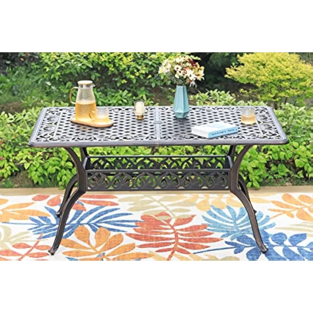 

6-Person Cast Aluminium Outdoor Dining Table Rectangular, Patio Bistro Table with 1.97" Umbrella Hole, Bronze
