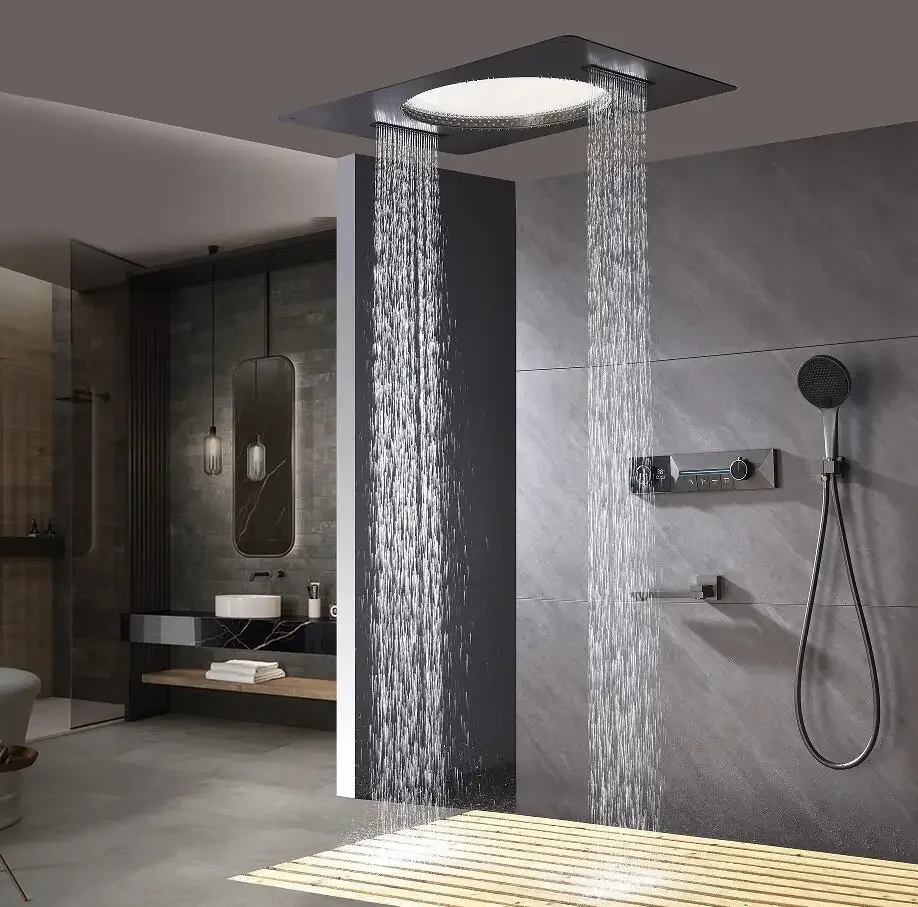 YyhcCeiling Embedded 600*800mm Led Shower Head With Digital Display Rain Waterfall Bathroom Thermostatic Shower Faucet Set