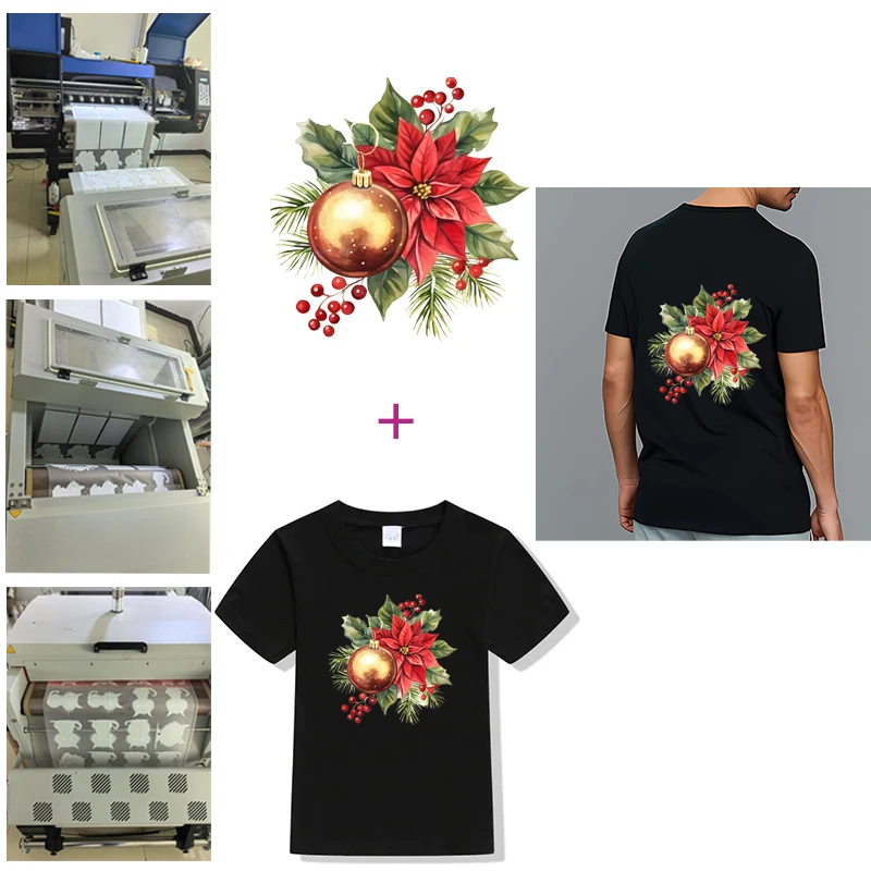 Christmas wreath flower DTF Heat Transfer Sticker Clothing Iron-on Stickers Vinyl Patches DIY Clothing iron on transfer T-Shirt