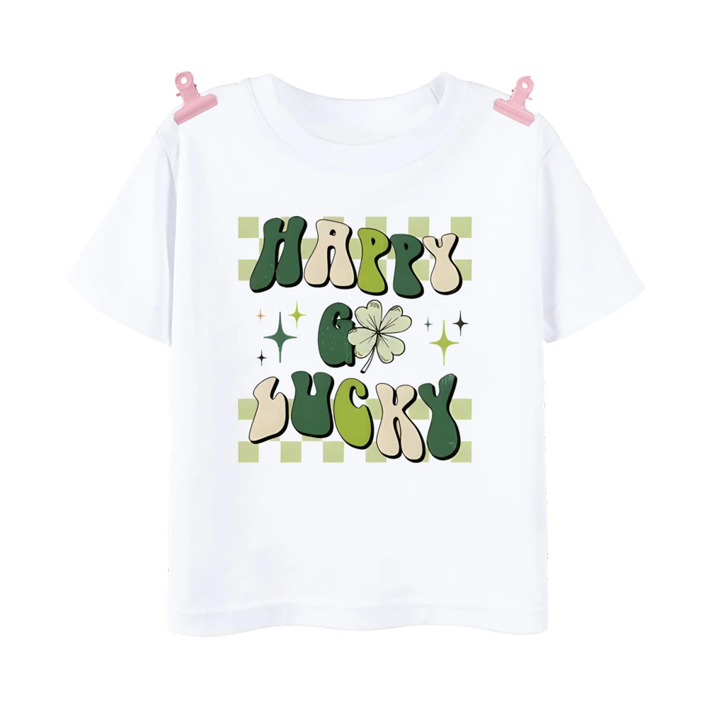 Happy Go Lucky Printed Kids Shirts St. Patrick\'s Day Boys Girls Outfit T-shirt Child Short Sleeve Tee Tops Holiday Kid Clothes