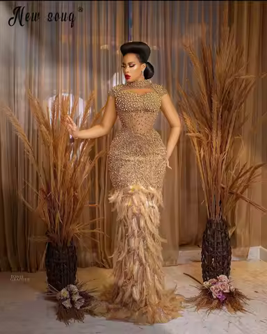 Feather Gold Evening Dress Full Pearls Mermaid Women Wedding Night Gowns Muslim Vestidos De Fiesta Engagement Dress Customized