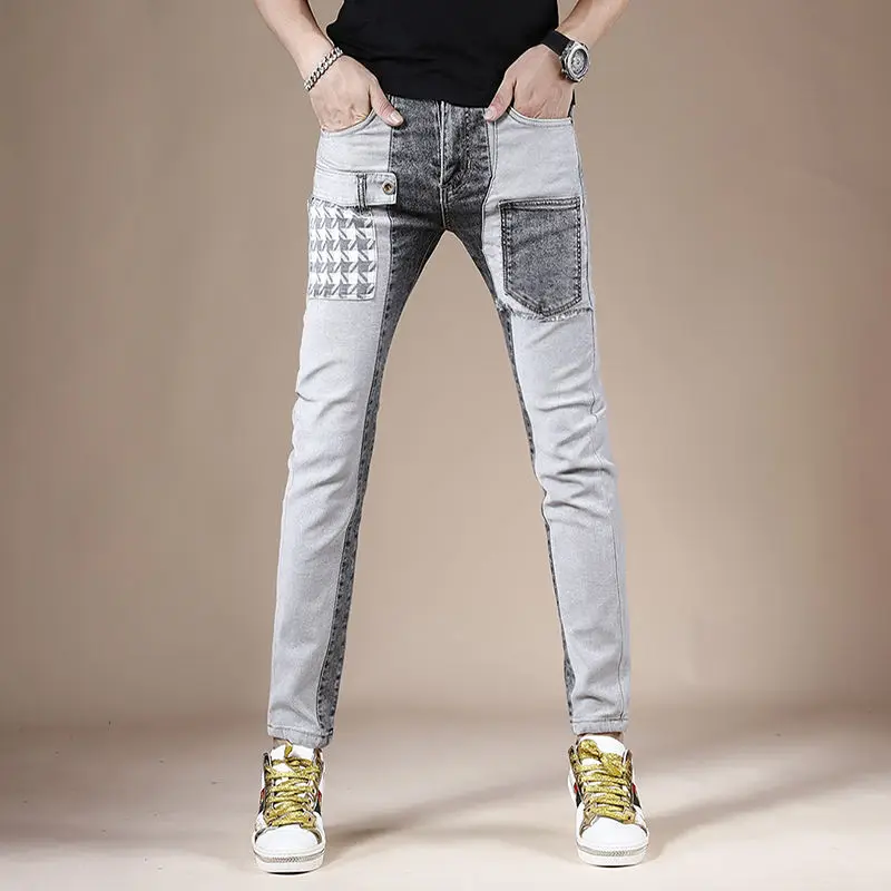 Light Luxury Men’s Slim-fit Stretch Jeans,Patchwork Decors Trendy Casual Denim Pants, Hip Hop Street Fashion Gray Jeans Pants;