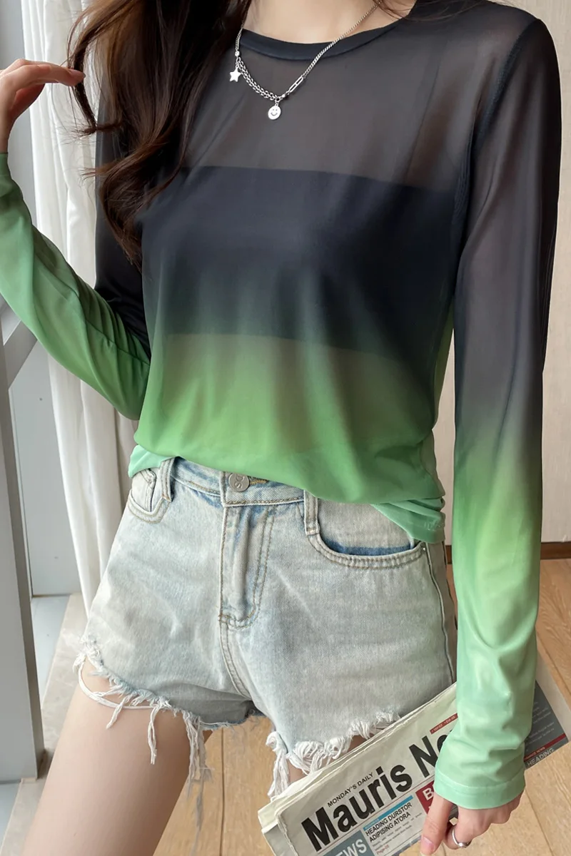 Damskie letnie przezroczyste koszulki dziewczęce modne siateczkowe koszulki damskie z pełnym rękawem O Neck rozciągliwa koszulka w gradientowym kolorze