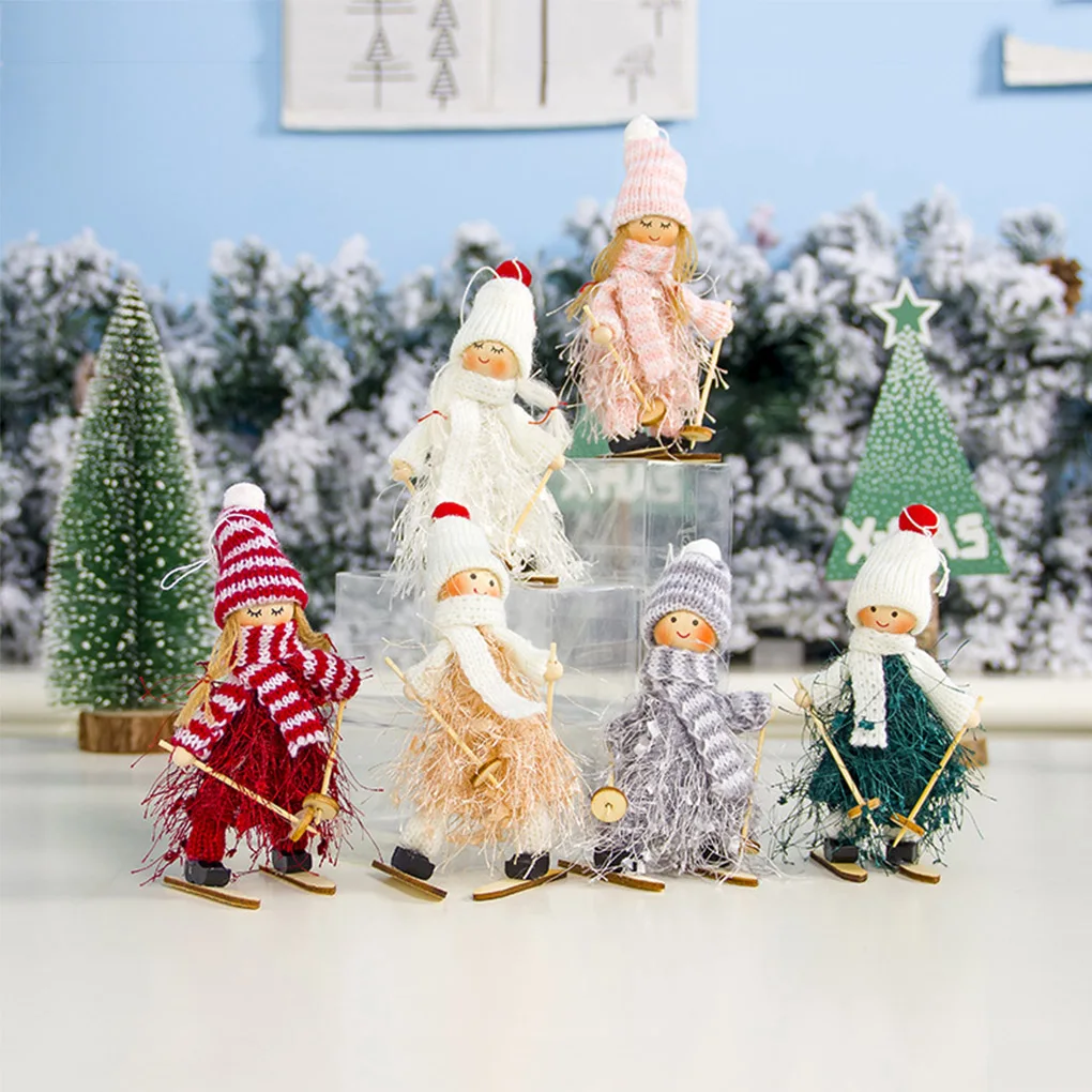 6 Pieces Christmas Dolls Xmas Skiing Girl Figures Table Shelf Christmas Tree Pendant Standing Decor Yarn Wooden Ornaments