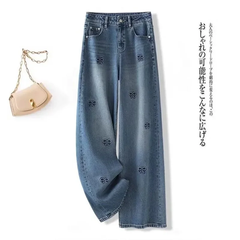 

Женские прямые джинсы с бриллиантами, новые весенне-осенние свободные и узкие широкие брюки с вышивкой и бантом