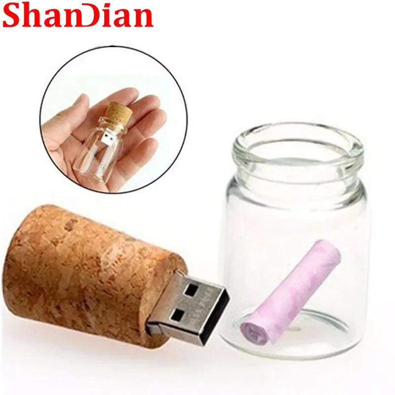 SHANDIAN USB 2.0 new arrival  bottle memory stick glass drift bottle usb flash drives wooden cork pendrive 4GB 16GB 32GB 64GB