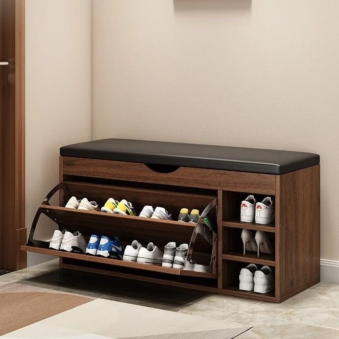 Entering the door, wearing a shoe stool, leaning against the wall, corridor, and simple entry to change shoe stools