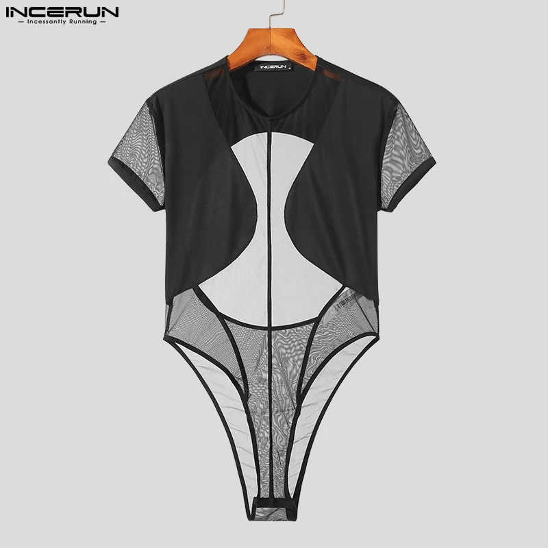 2024 Men Bodysuits Mesh Patchwork Transparent Backless O-neck Short Sleeve Rompers T Shirt Streetwear Sexy Men Bodysuit INCERUN