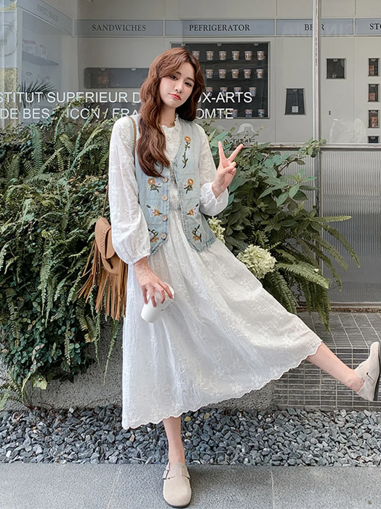 

Новый комплект: джинсовый жилет с вышивкой и длинная юбка-фонарь с высокой талией для женщин, ранняя весна-осень 2025