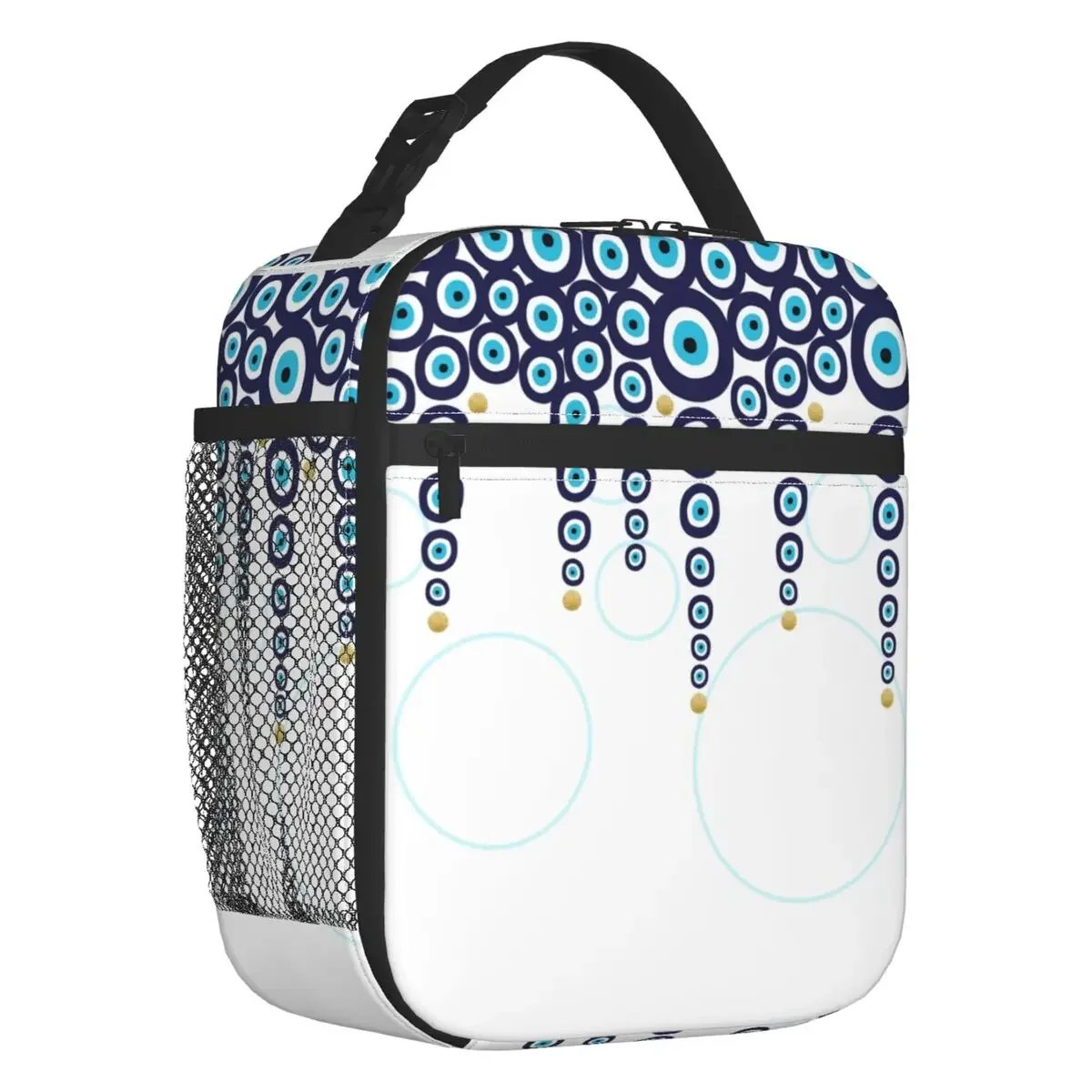 

Evil Eye Hanging Beads In Blue And Gold Insulated Lunch Bag for Work School Nazar Hamsa Boho Thermal Cooler Lunch Box Women Kids