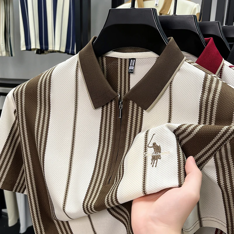 Short Sleeved Polo Shirt with Collar, Men's Striped Half Zipper Trendy Outfit T-shirt