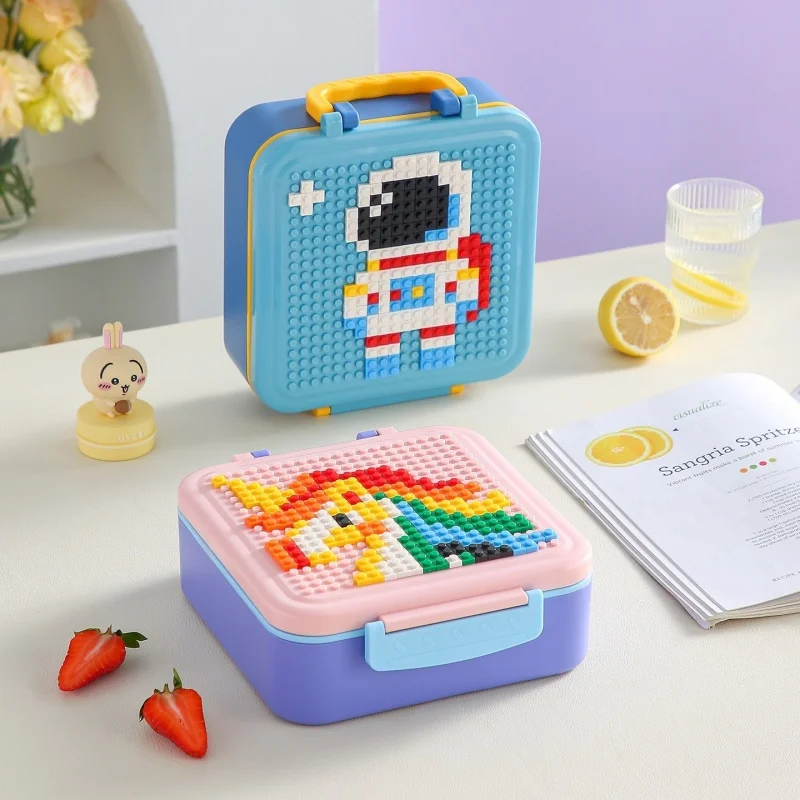 JUSTINLAU 3 Grid Lunch Box Cartoon Building Blocks/Anime Bento Box for Children Fruits Salad Snacks Container with Fork＆Spoon