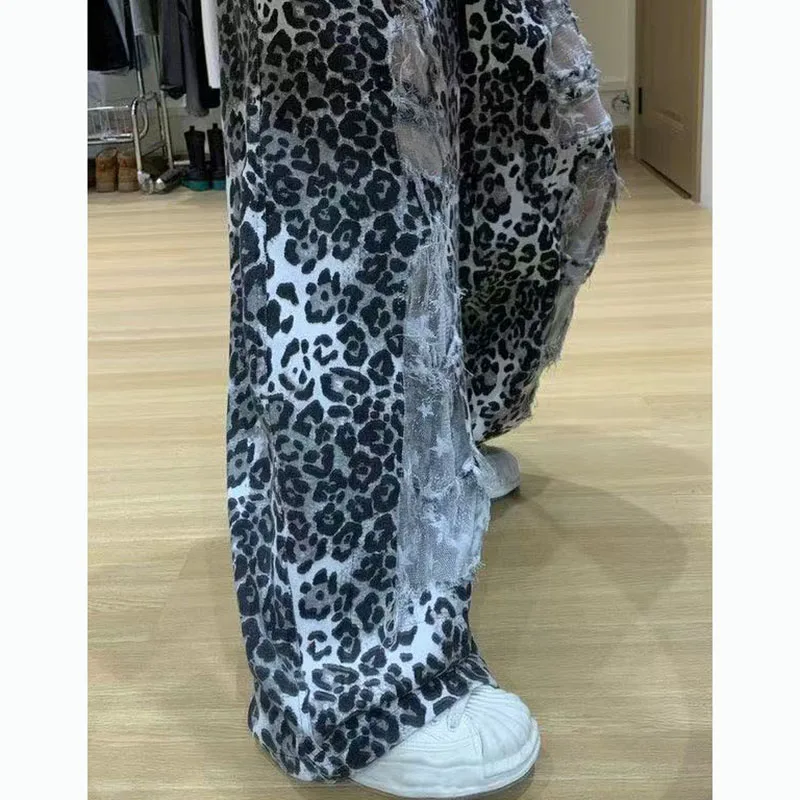 

American Leopard Print Lace Patchwork Cutout Wide-Leg Pants Women's Summer Slim 2025 New Drawstring High-Waist Sportswear Pants