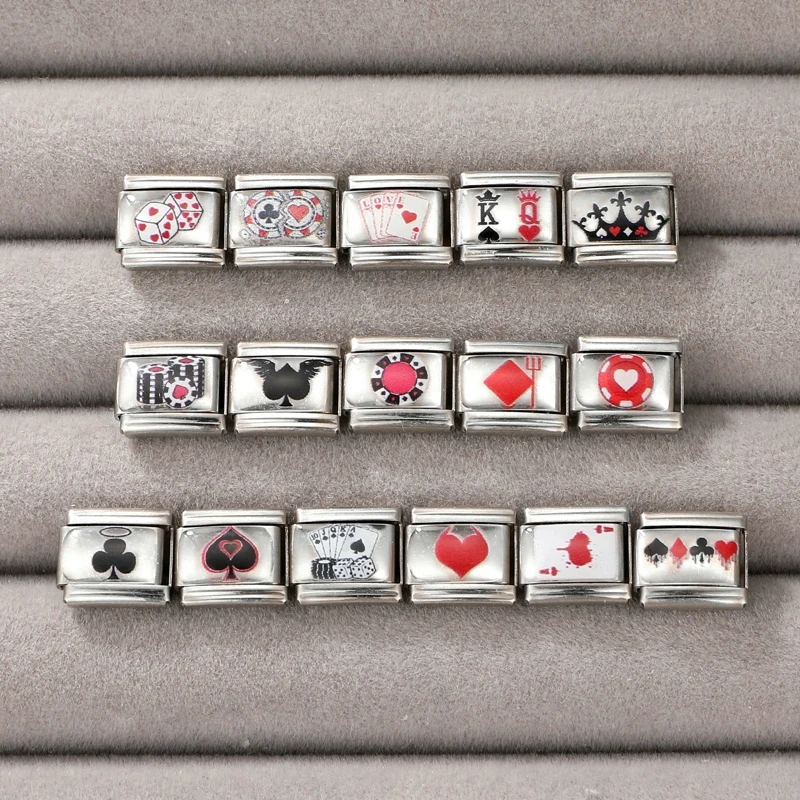 Y2K Personalized Playing Card Series Crown Red Heart Italian Charm Links Fit 9MM Stainless Steel Bracelet Jewelry DIY Making