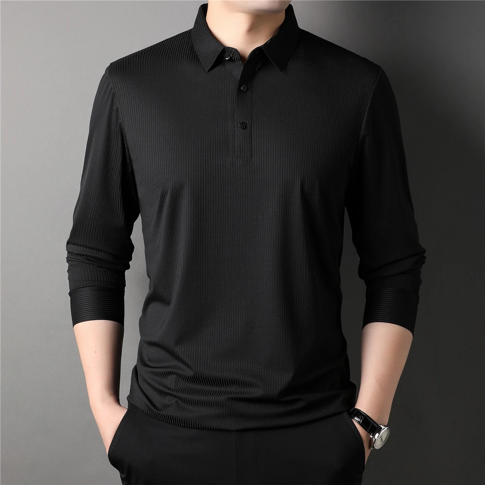 Brand Solid Color Silk Polo-Shirt Men Clothes Spring New Arrival Classic Long Sleeve T-Shirt Business Casual Tops Z5156