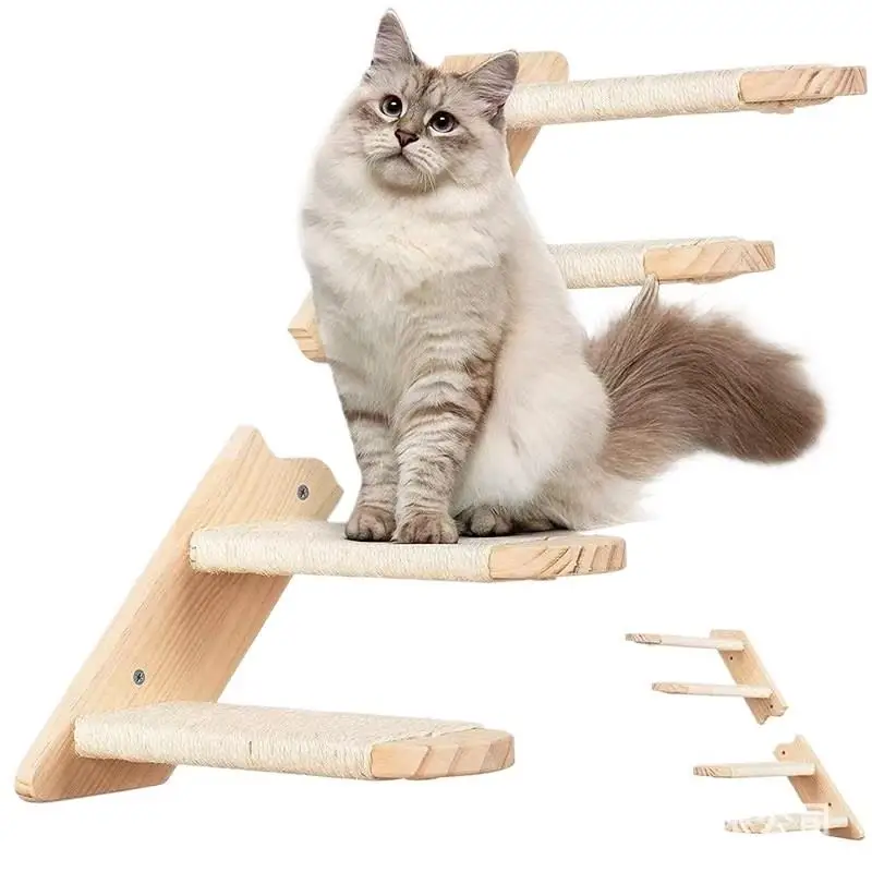 Wooden Cat Climbing Ladder Wall-mounted Ladder Cat Climbing Frame Solid Wood Multi-layer Sisal Rope Staircase Cat Toy