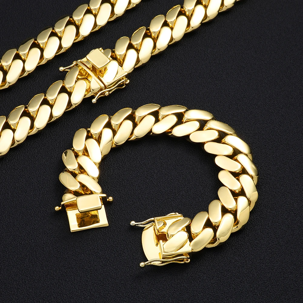 20mm Width Copper Miami Cuban Link Chain Necklace For Men 18K Gold Plated Double Safety Clasp Hip Hop Thick Curb Chain Jewelry