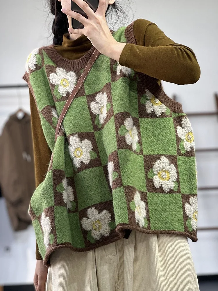 Oversize autunno Pullover gilet Top donna fiore Plaid senza maniche signore gilet scollo a v Modis allentato Casual donna lavorato a maglia Top 2023