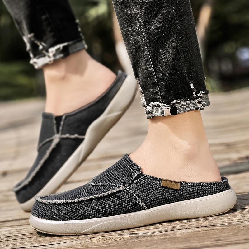 Canvas Slip On Half Shoes For Men 2022 Casual Slippers For Summer Free Shipping Breathable Lightweight Big Size 47 Zapatillas