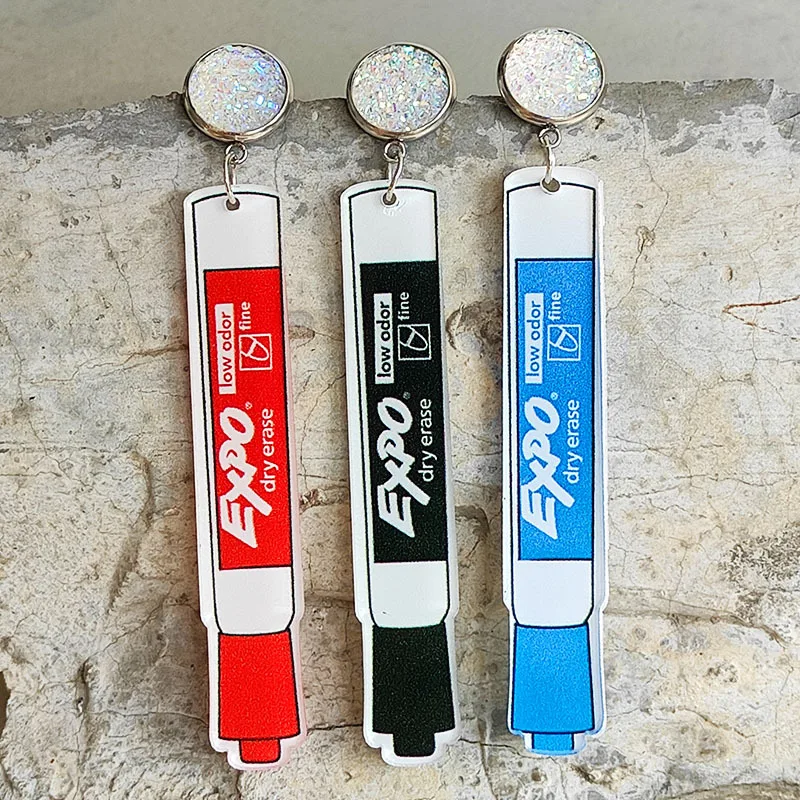 School Season Whiteboard Pen Acrylic Earrings Women Cute Cartoon Science Teacher Dry Erase Marker Rainbow Student Drop Earring