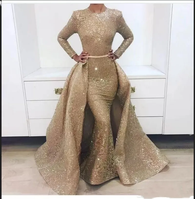 Sparkly Gold Lace Prom Dresses Mermaid O Neck Long Sleeves Gliter Detachable Skirt Formal Evening Party Gown Robe De Soirée