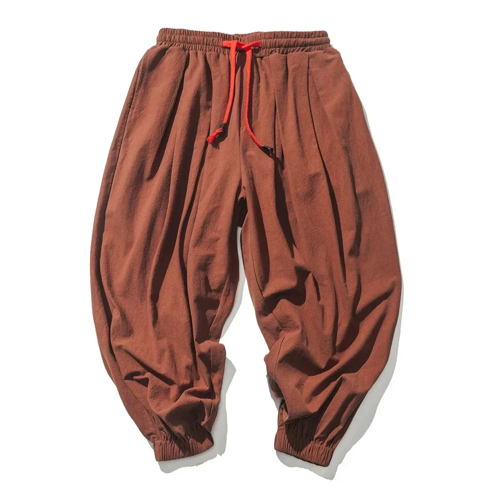 Herrenhose mit weitem Bein, lockere Passform, lässig, atmungsaktiv, leicht, einfarbig, elastische Taille, Baumwolle, Leinen, lange Hose für Herren – Detail 6