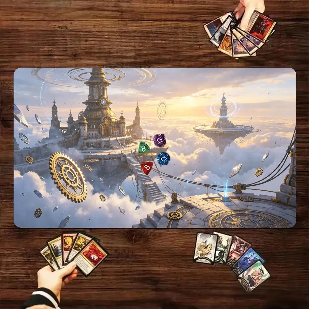 Steampunk Floating Sky City Mechanical Gear TCG Play mat Volcano Scene Trading Card Game Desk Mat Non‑Slip Rubber Mouse Pad