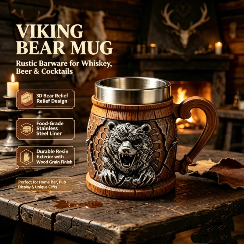 Jarra Vikinga de Resina con Diseño de Oso Salvaje, Taza de Cerveza con Asa Curva de Madera, Revestimiento de Acero Inoxidable, para Bar, Cócteles, Whisky, Regalo de Cumpleaños