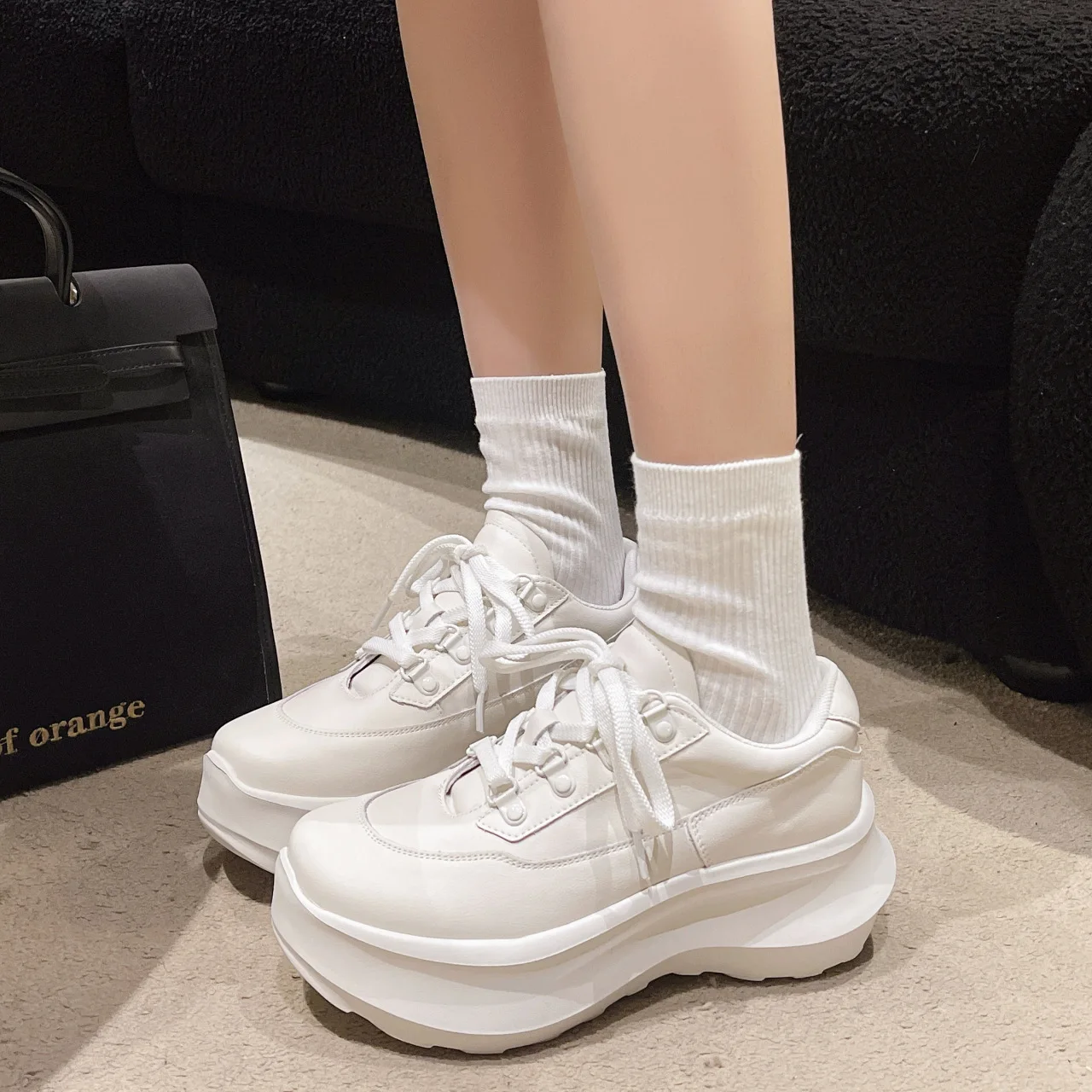 White Heightened Thick Sole Ladies Shoes Autumn Casual Lace Up Women's Sneakers Lightweight Comfortable Platform Shoes 38 39 40