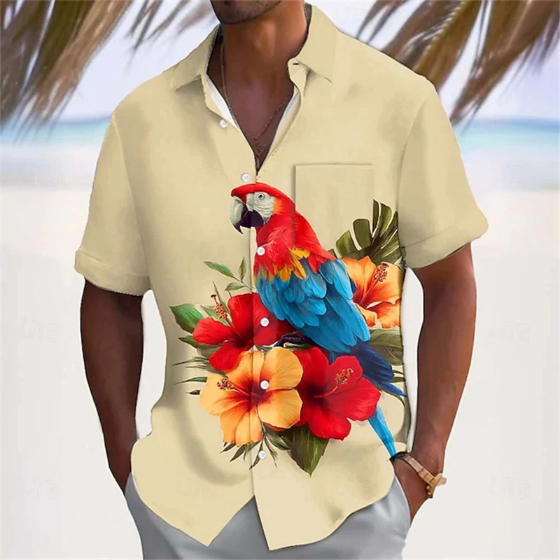 

Рубашка с 3D-принтом «Тропический цветочный попугай» для мужчин и женщин, модные рубашки 2026 года, новые гавайские рубашки с коротким рукавом, блузка в стиле Y2K, мужская одежда