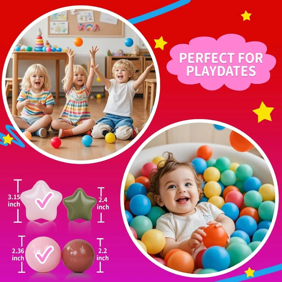 Bolas de plástico con estrellas de 3,15 pulgadas y bola de 2,36 pulgadas para bebés, parque infantil, piscina, bolas de juego para cachorros, 100 Uds.