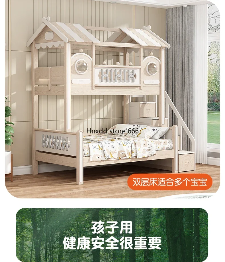 Ash wood space tree house elevated bed under cabinet staggered L-shaped bunk bed