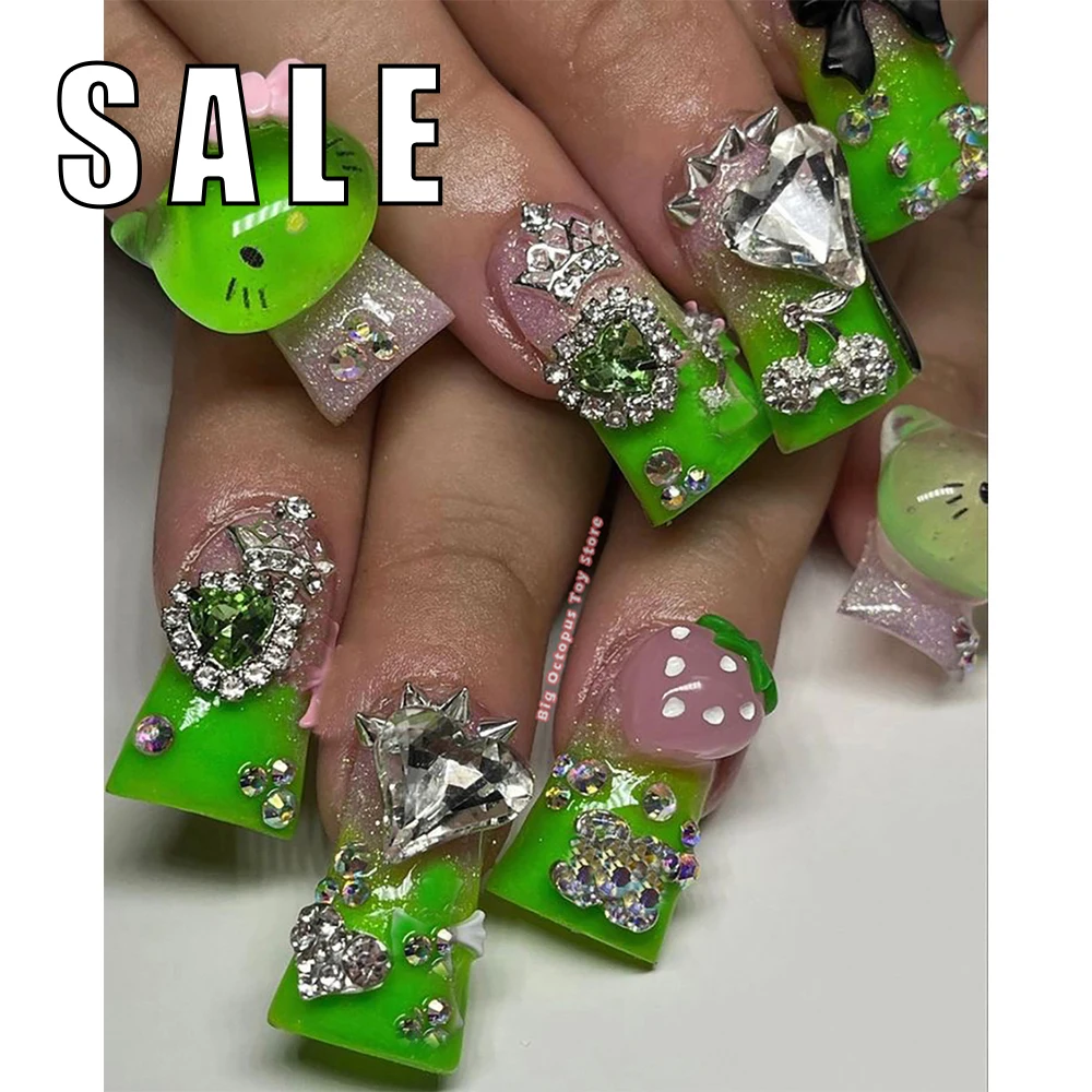 

Sales Promotion Sanrio Green Hello Kitty Duck-Bill Shape Full Cover Fake Nails 3D Diamond Design Detachable Press On Nails