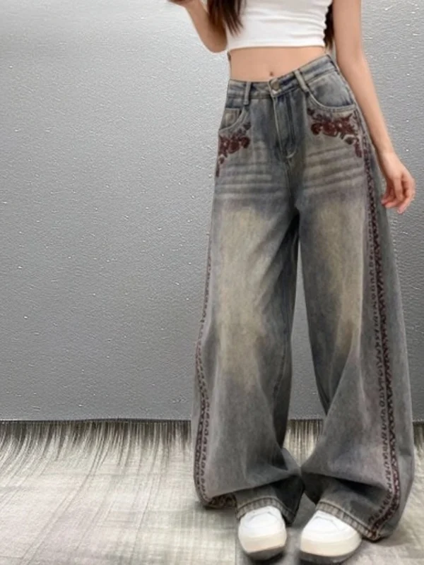 

Весенние женские джинсы с высокой талией, прямые, с вышивкой, повседневные, широкие, синие, из денима