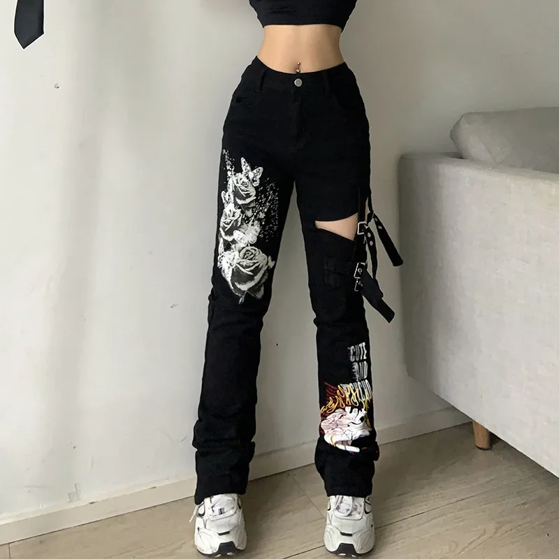 Gothic Emo Alt Cargo Pants Techwear Hippie Baggy Jeans Mom Goth Punk Black Denim Trousers Cyber Y2k Pants Academic Dark Clothes