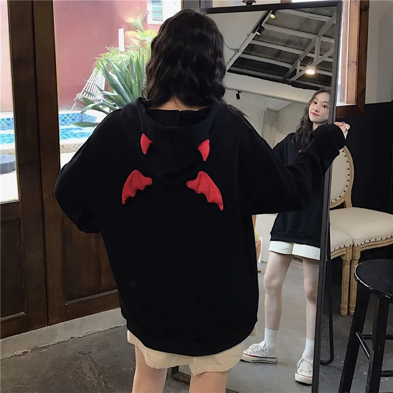 Women Sweatshirts High Street Harajuku Cute Hoodies Punk Gothic Devil Horn Chic Hooded Pullover