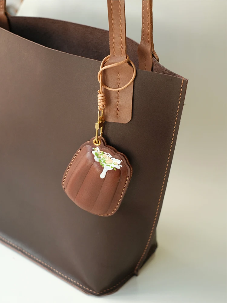 

Canelé dessert style bag charm genuine leather access card holder keychain unique gift ornament handmade