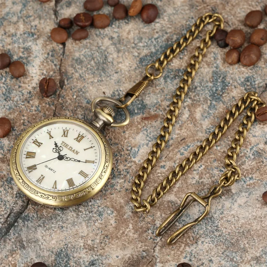 البرونزية الرجعية الأرقام الرومانية عرض كوارتز ساعة الجيب خمر قلادة ساعة للرجال النساء فوب سترة سلسلة/سلسلة معلقة