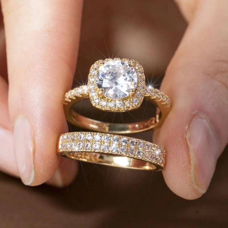 Women's Double Ring with Micro-Inlaid Zircon, Luxury Design