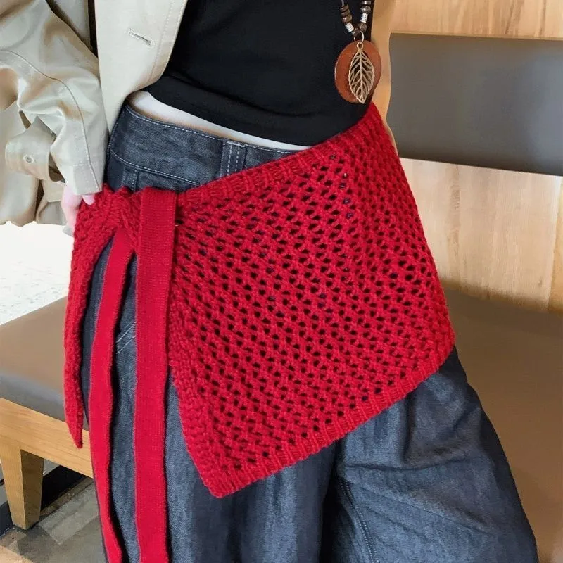 

Корейская красная вязаная юбка с клапаном на ягодицах, многослойная юбка с завязками на талии весна-осень, утягивающий открытый подол, подходящие свитера с капюшоном