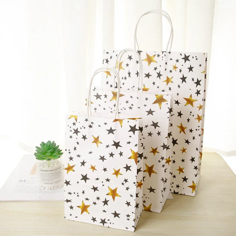 

10Pcs New Gold Star Gift Bags Stamping Striped Dot kraft paper bag DIY Multifunction Recyclable Paper Bag With Handle 21x15x8cm