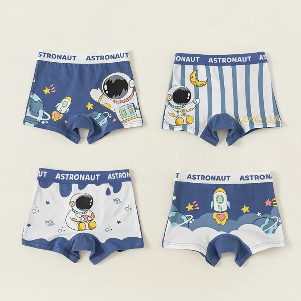 4pcs Elastic Panties Cartoon Astronaut Boxer Briefs Cotton Kids Underwear Printing Mid-waist Boy Underpants Children