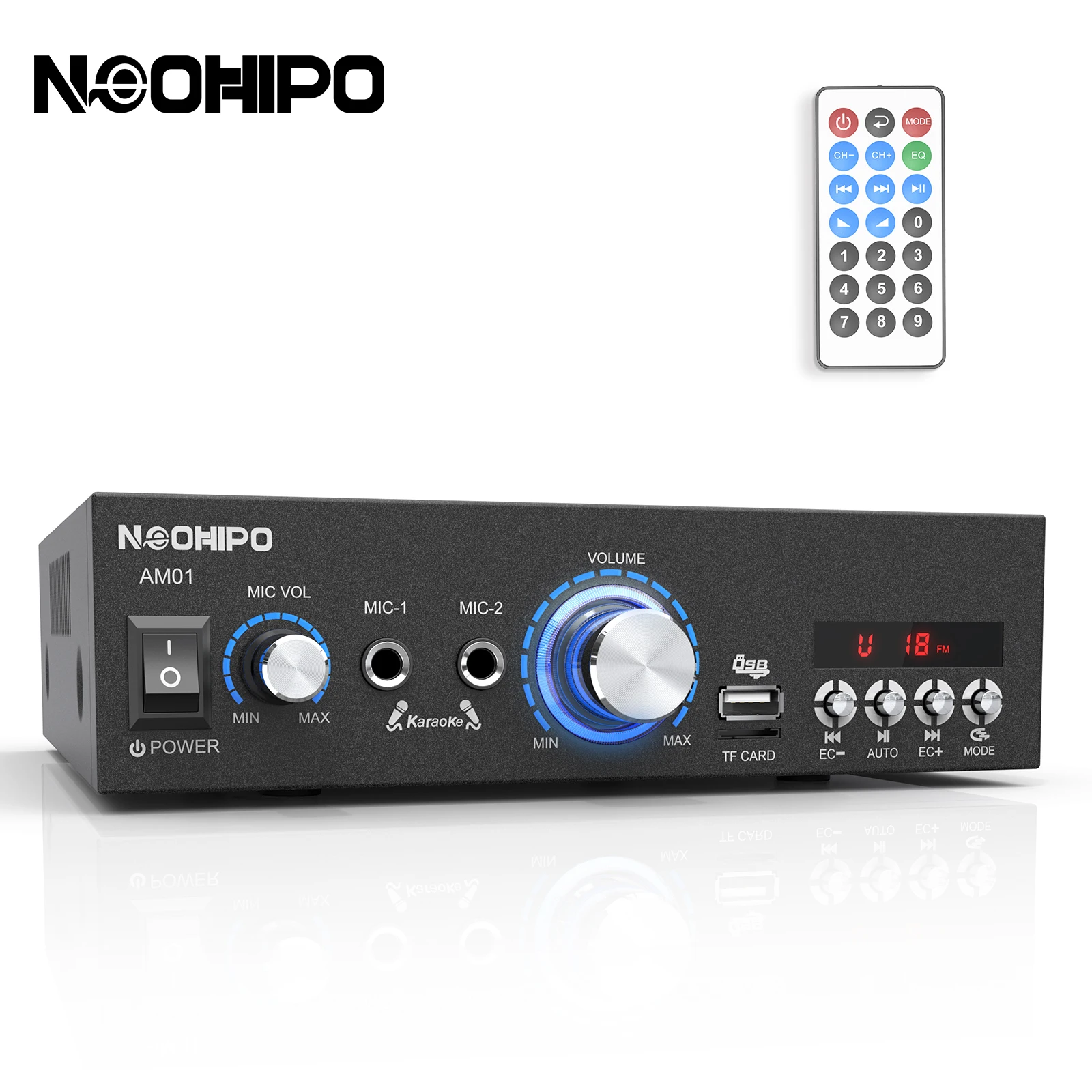 NEOHIPO AM01 AV Power Amplifier 2.0 Channel Bluetooth 5.0 Audio Home Theater Amplifiers DC 12V 110V/220V Support FM SD USB 2 Mic